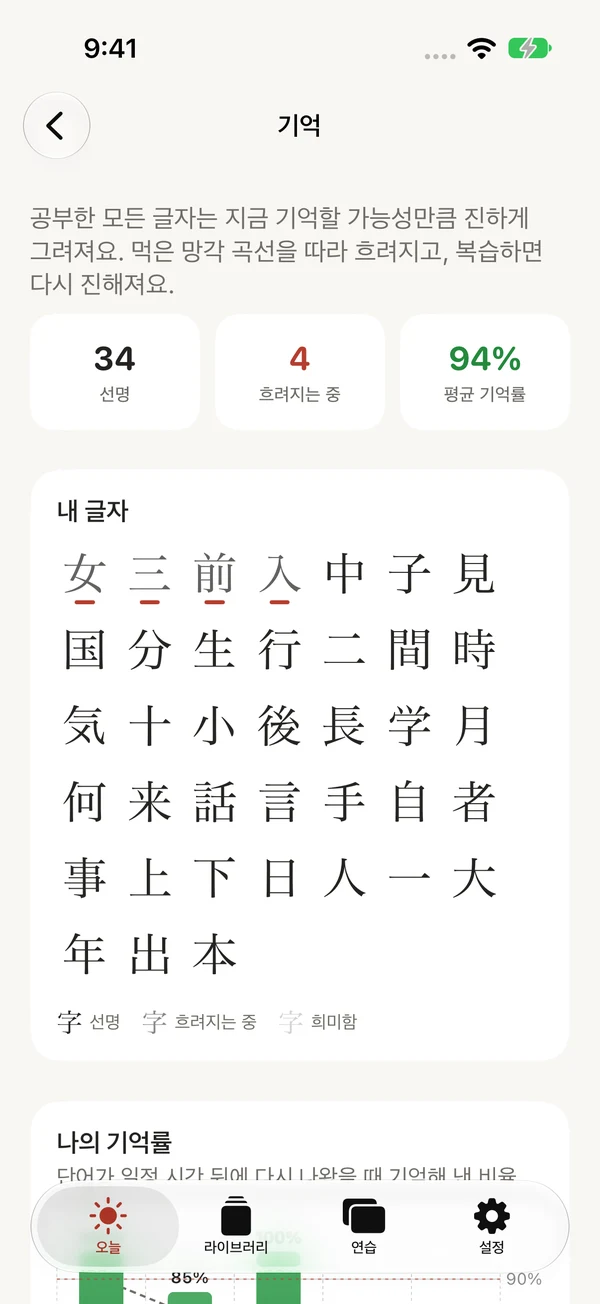 공부한 글자와 기억 추정치를 보여 주는 기억 화면