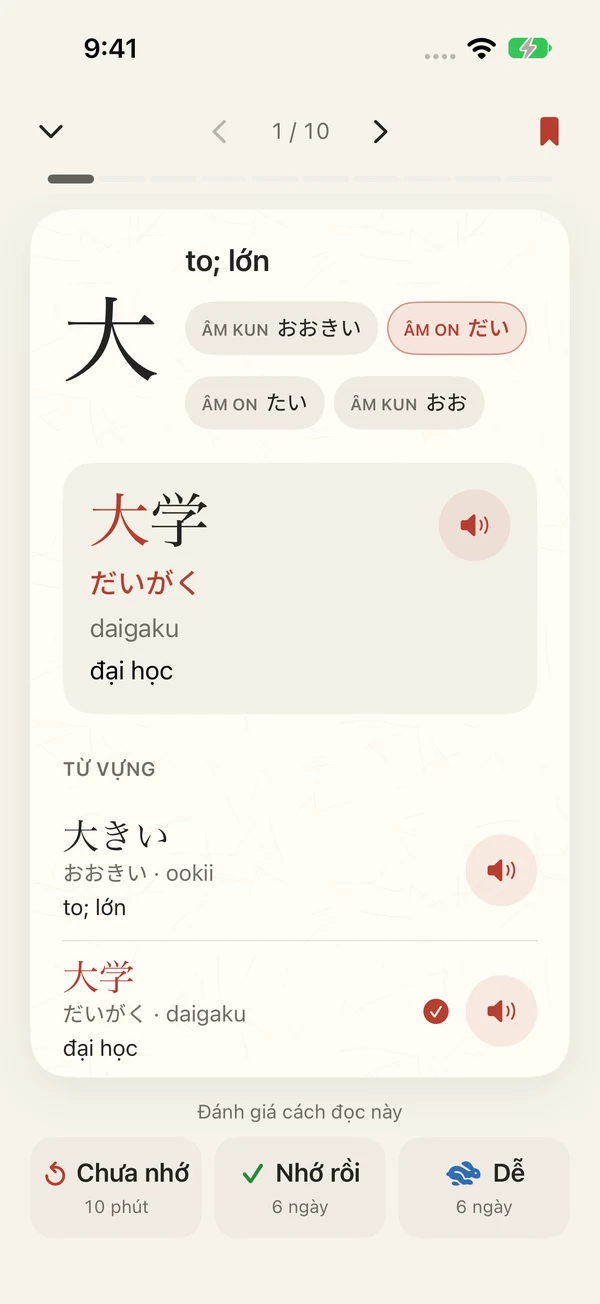 Cách đọc và từ vựng của 大 trong chế độ sáng