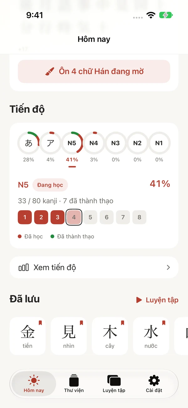 Tiến độ học và chương tiếp theo trên màn hình Hôm nay